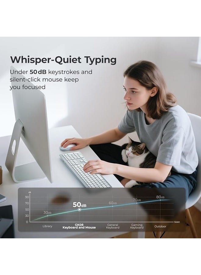 بروماس مجموعة لوحة مفاتيح وماوس لاسلكية - لوحة مفاتيح كاملة الحجم بتصميم مريح مع لوحة أرقام، منفذ USB بسرعة 2.4 جيجاهرتز، نقرة هادئة، 3 مستويات DPI، قابلة لإعادة الشحن، تصميم نحيف متوافق مع ويندوز/ماك، فضي - Image 3